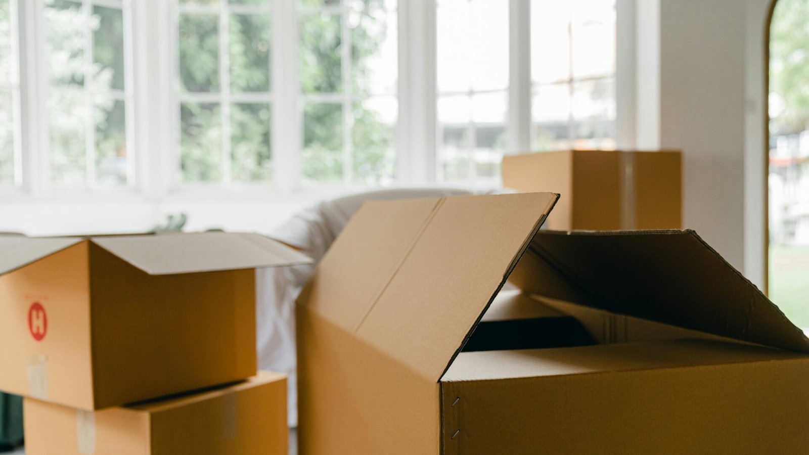 Je ziet een woonkamer met op de achtergrond grote witte ramen, en op de voorgrond zie je verhuisdozen staan.